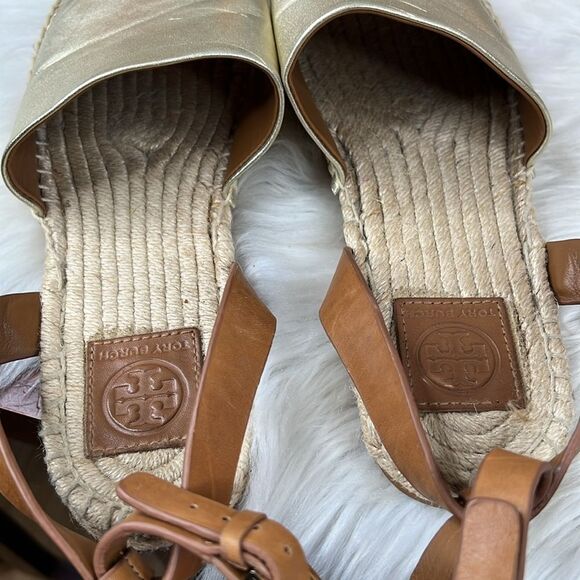 Tory Burch Gold Landon Espadrille Ankle Wrap Open Toe Sandals size 10.5 - Picture 11 of 12